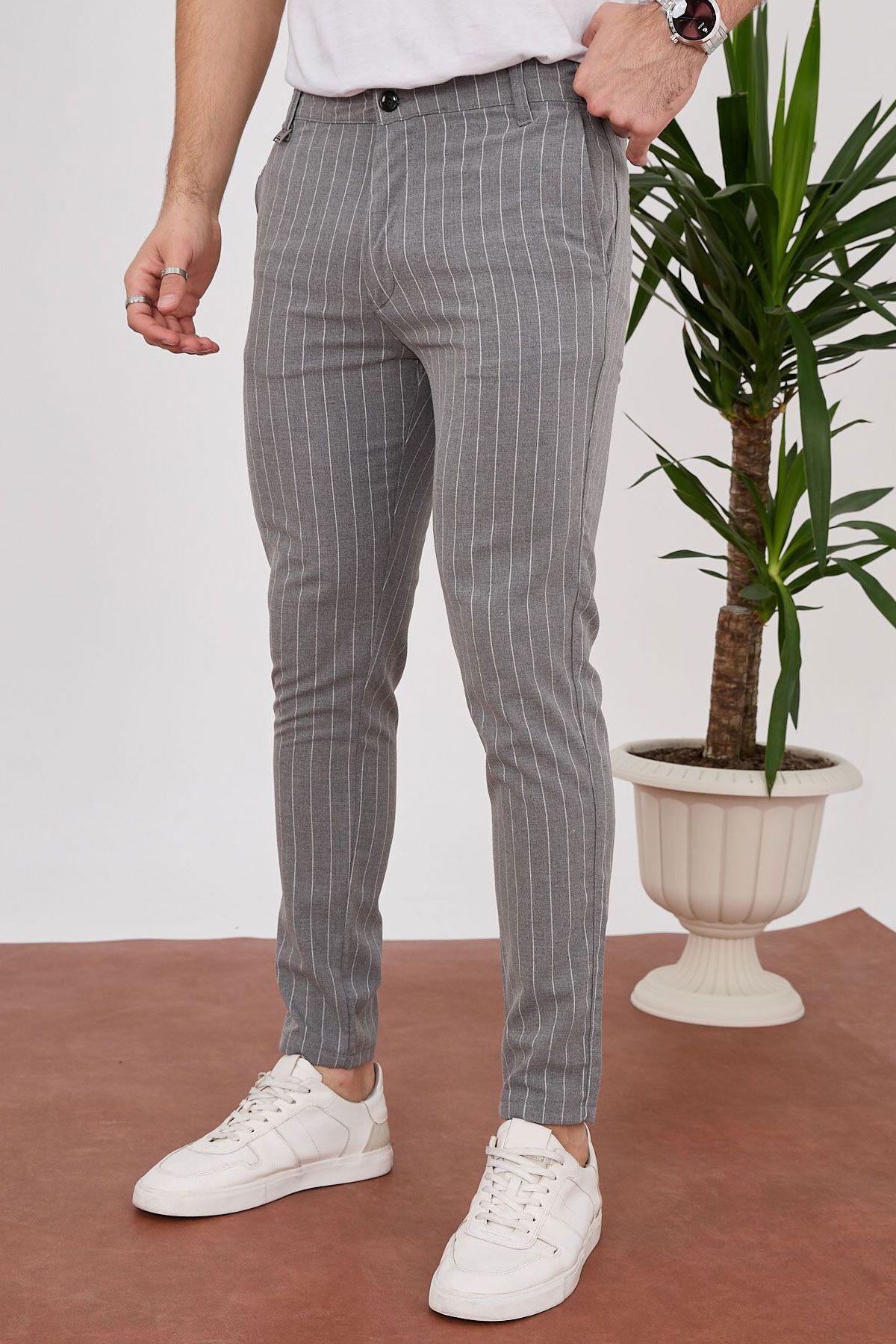 BayAygun 4013 Slim Fit İnce Çizgili Pantolon_Gri resmi