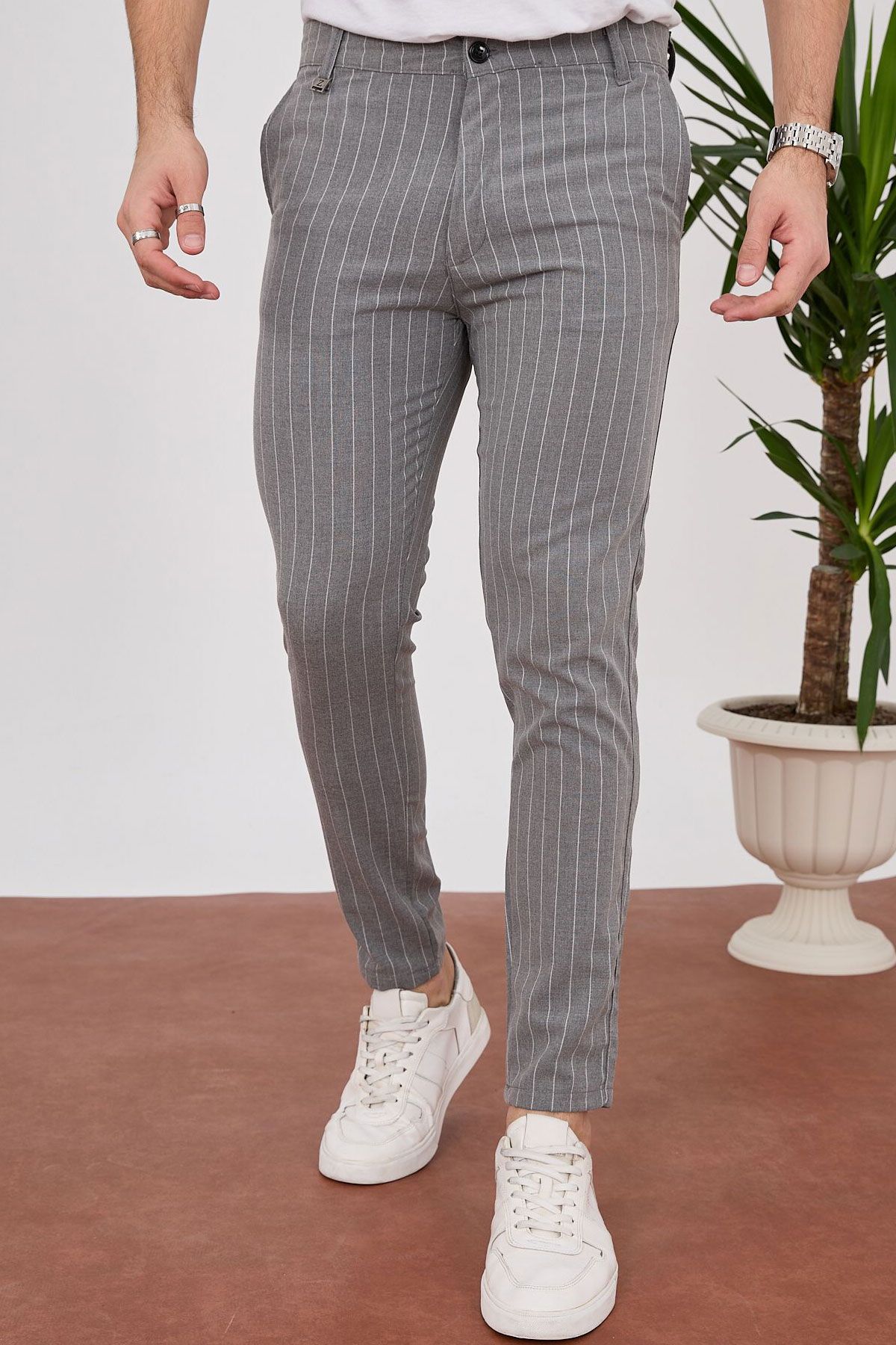 BayAygun 4013 Slim Fit İnce Çizgili Pantolon_Gri resmi