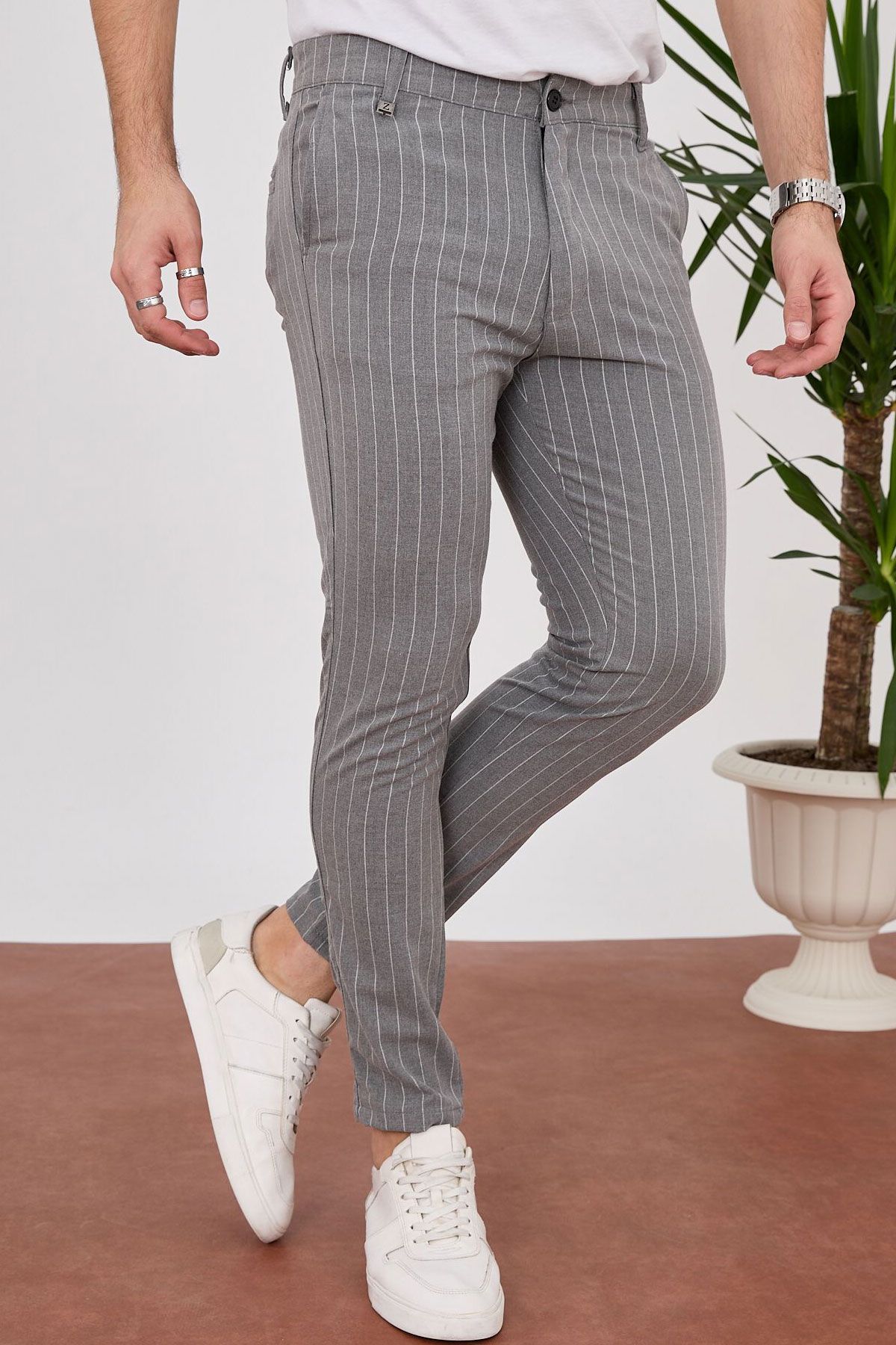 BayAygun 4013 Slim Fit İnce Çizgili Pantolon_Gri resmi