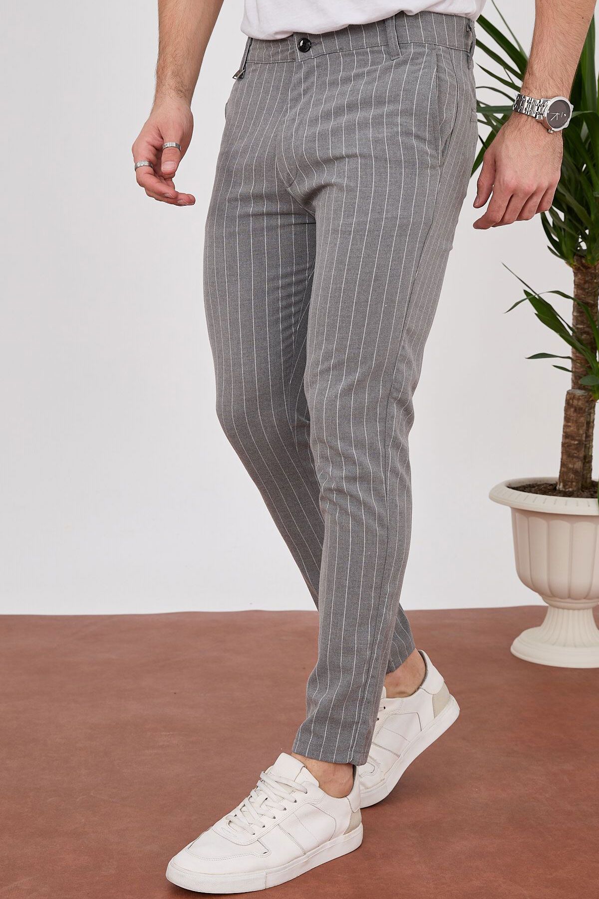 BayAygun 4013 Slim Fit İnce Çizgili Pantolon_Gri resmi