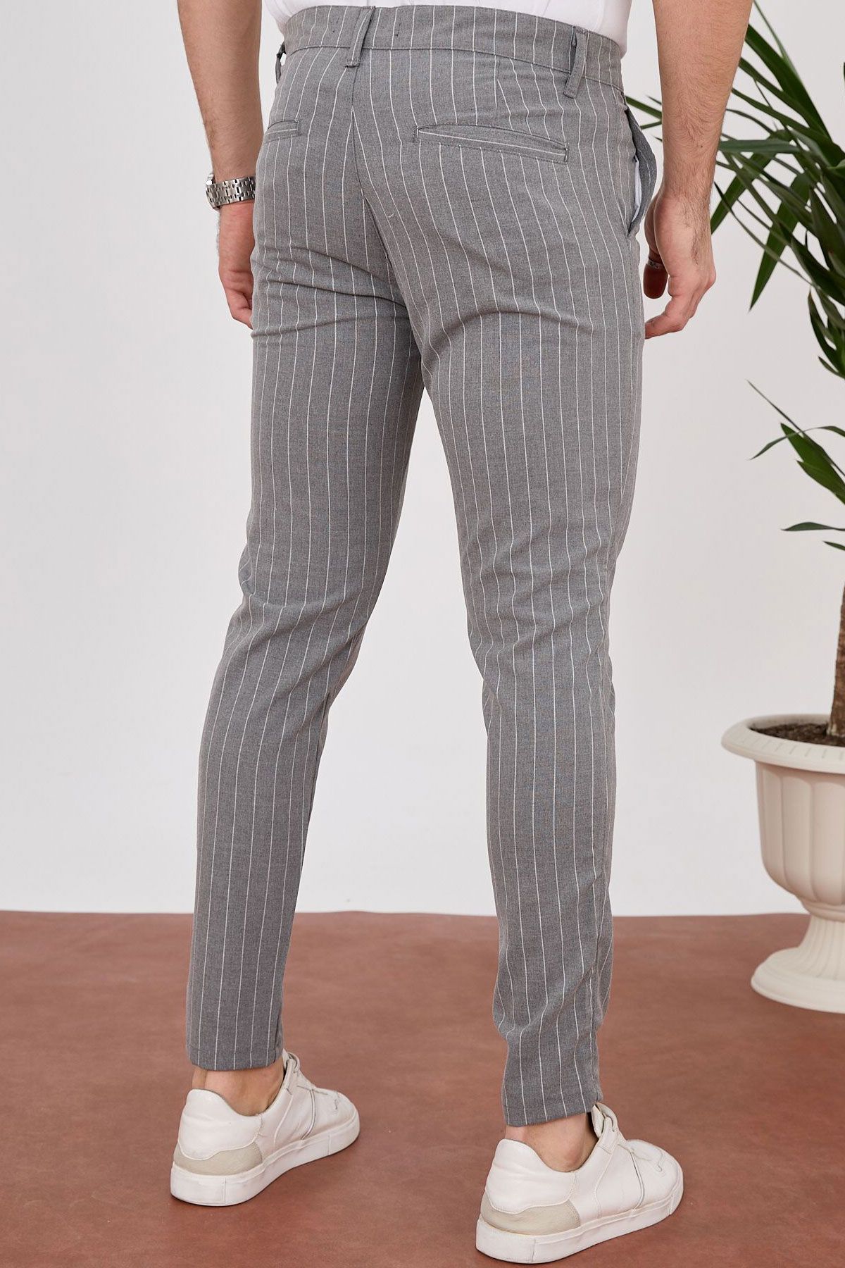 BayAygun 4013 Slim Fit İnce Çizgili Pantolon_Gri resmi