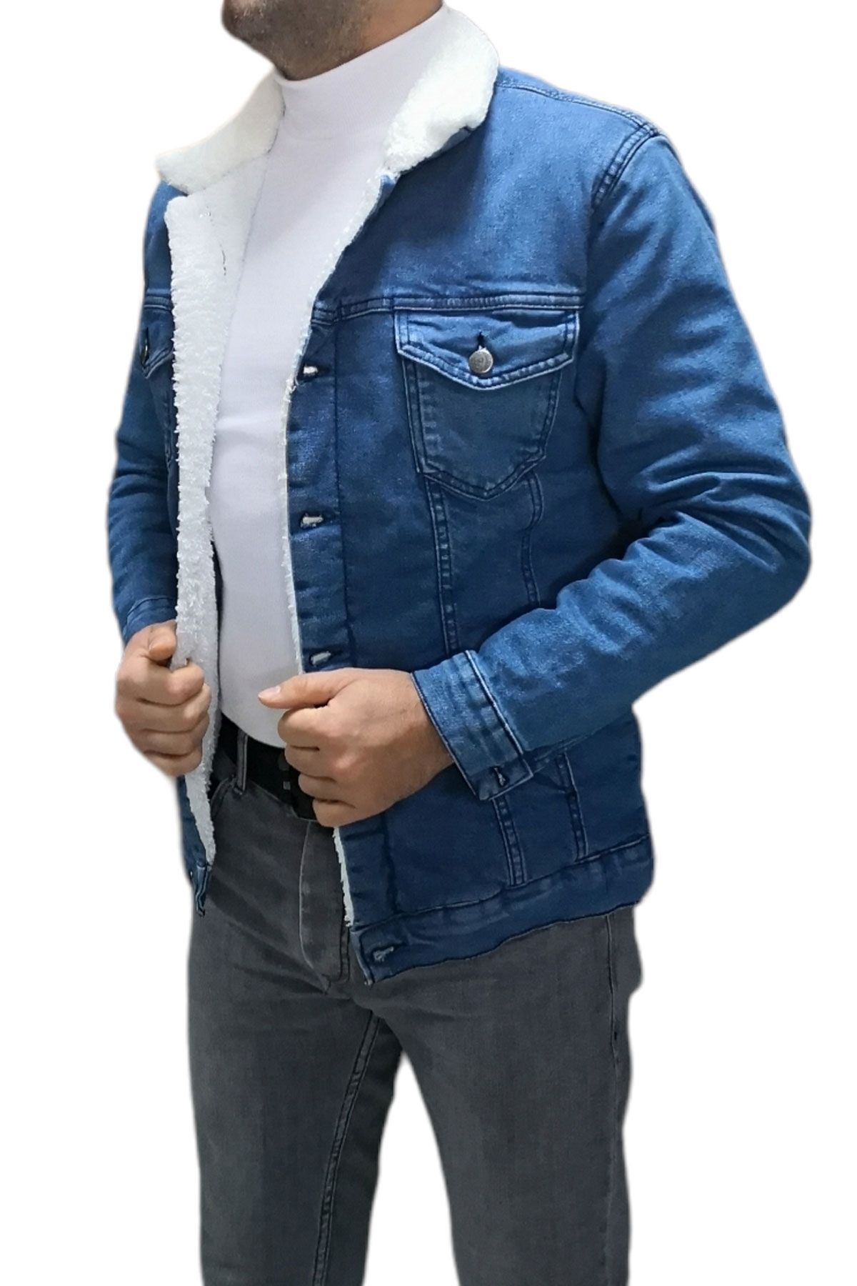 BayAygun 1083 Licralı İçi Kürklü Kot Mont_Mavi resmi