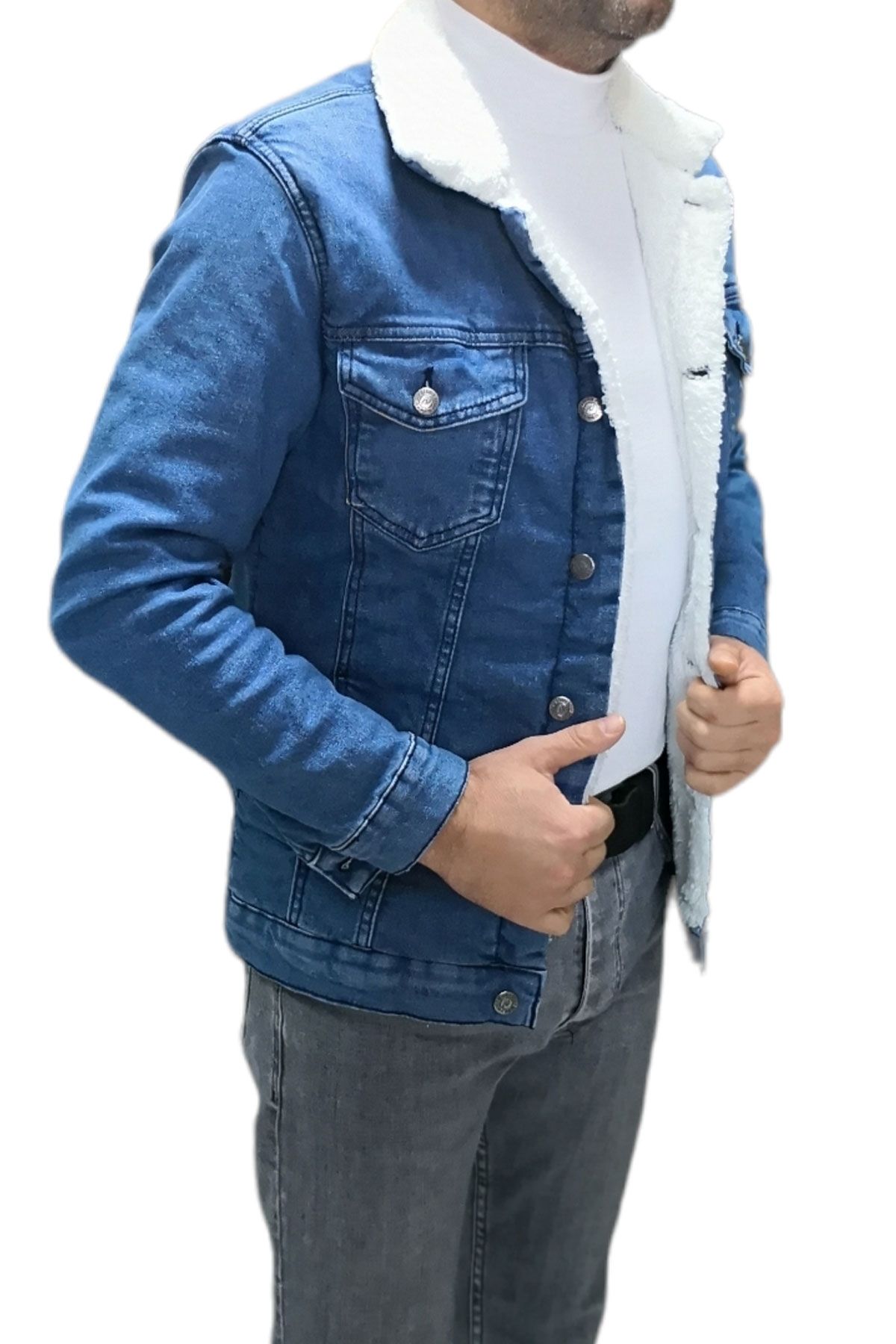 BayAygun 1083 Licralı İçi Kürklü Kot Mont_Mavi resmi