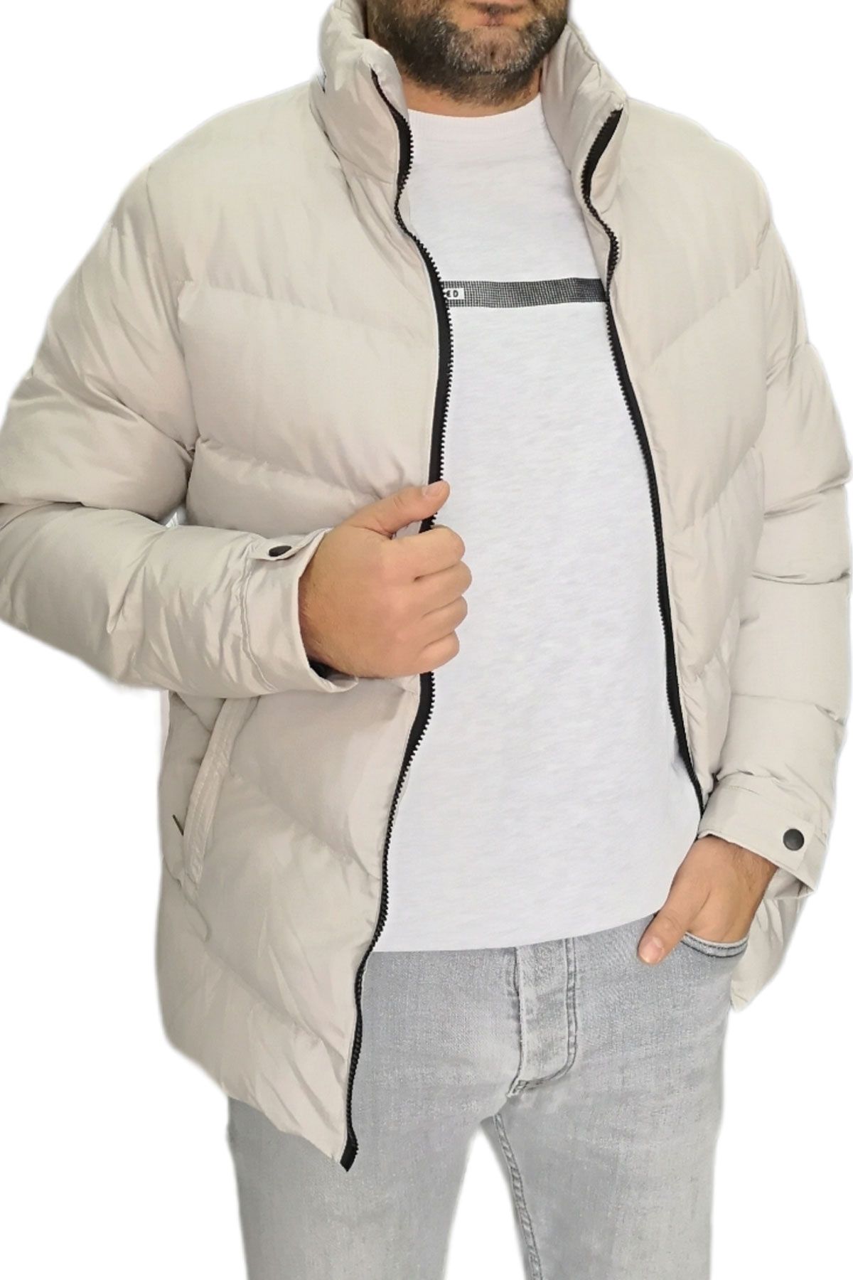 BayAygun 3127 Petek Desen Gizli Kapüşonlu Sişme Mont_Taş resmi