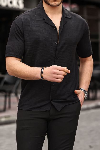 BayAygün 4068 Örme Rahat Kalıp Kısa Kol Gömlek _Siyah resmi