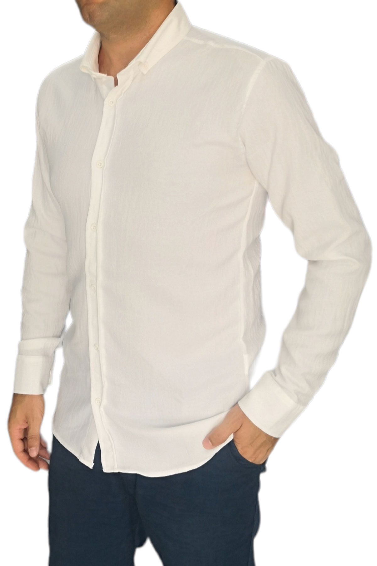 BayAygün 3046 Polyester Keten Dar Kesim Gömlek _Ekru resmi