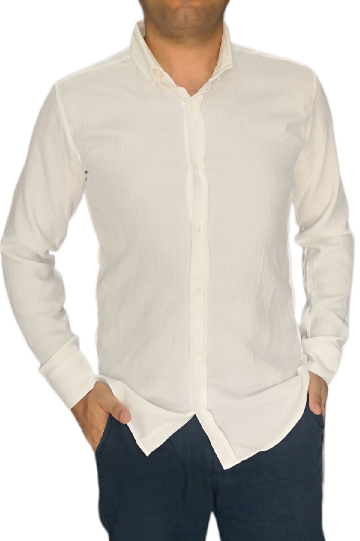 BayAygün 3046 Polyester Keten Dar Kesim Gömlek _Ekru resmi