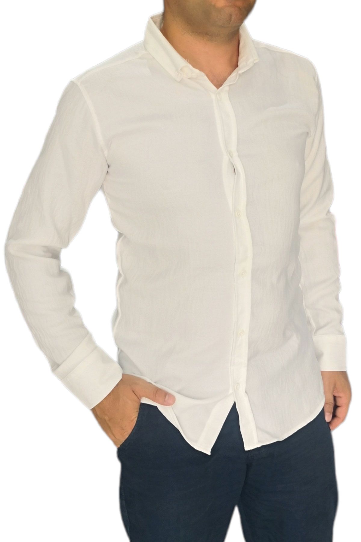 BayAygün 3046 Polyester Keten Dar Kesim Gömlek _Ekru resmi