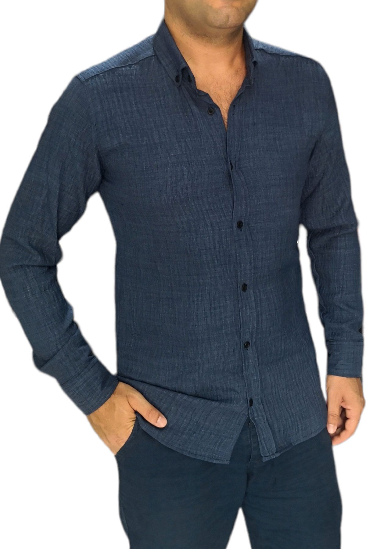 BayAygün 3046 Polyester Keten Dar Kesim Gömlek _Lacivert resmi