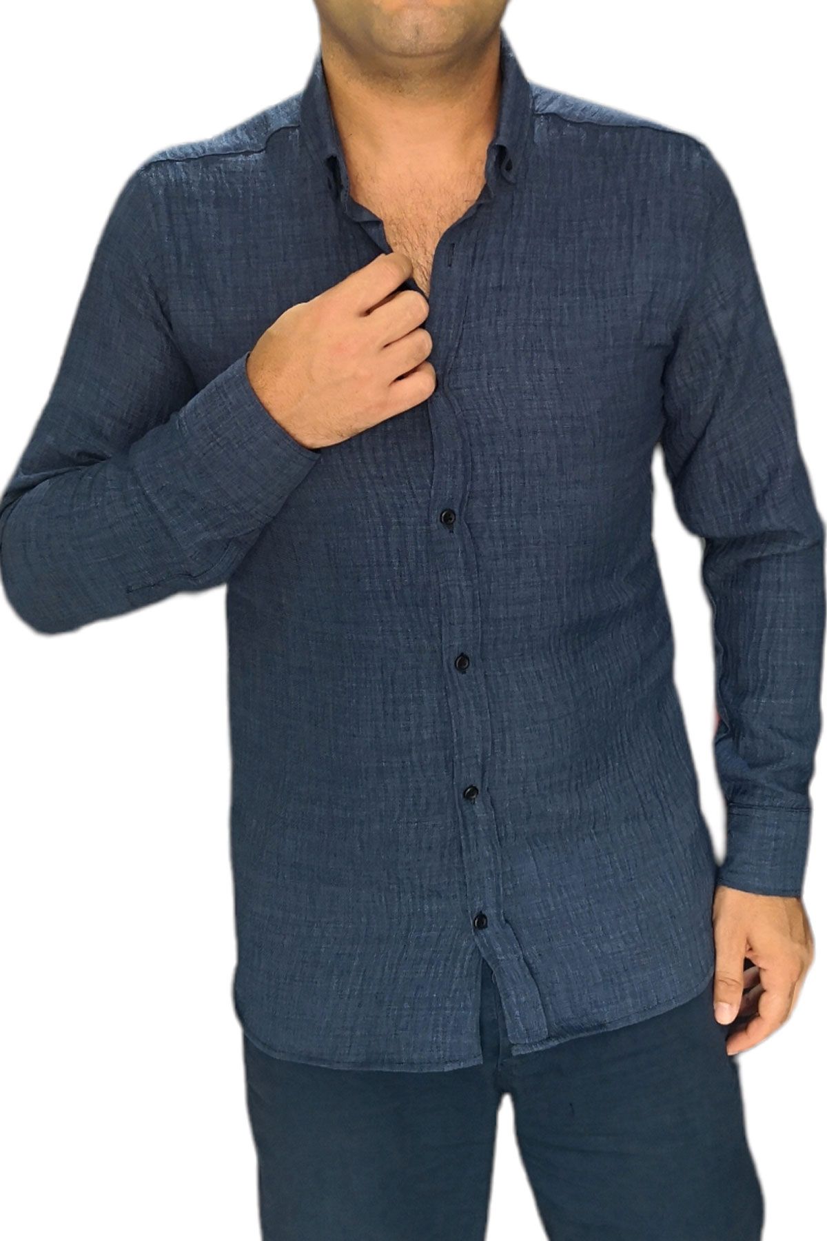 BayAygün 3046 Polyester Keten Dar Kesim Gömlek _Lacivert resmi