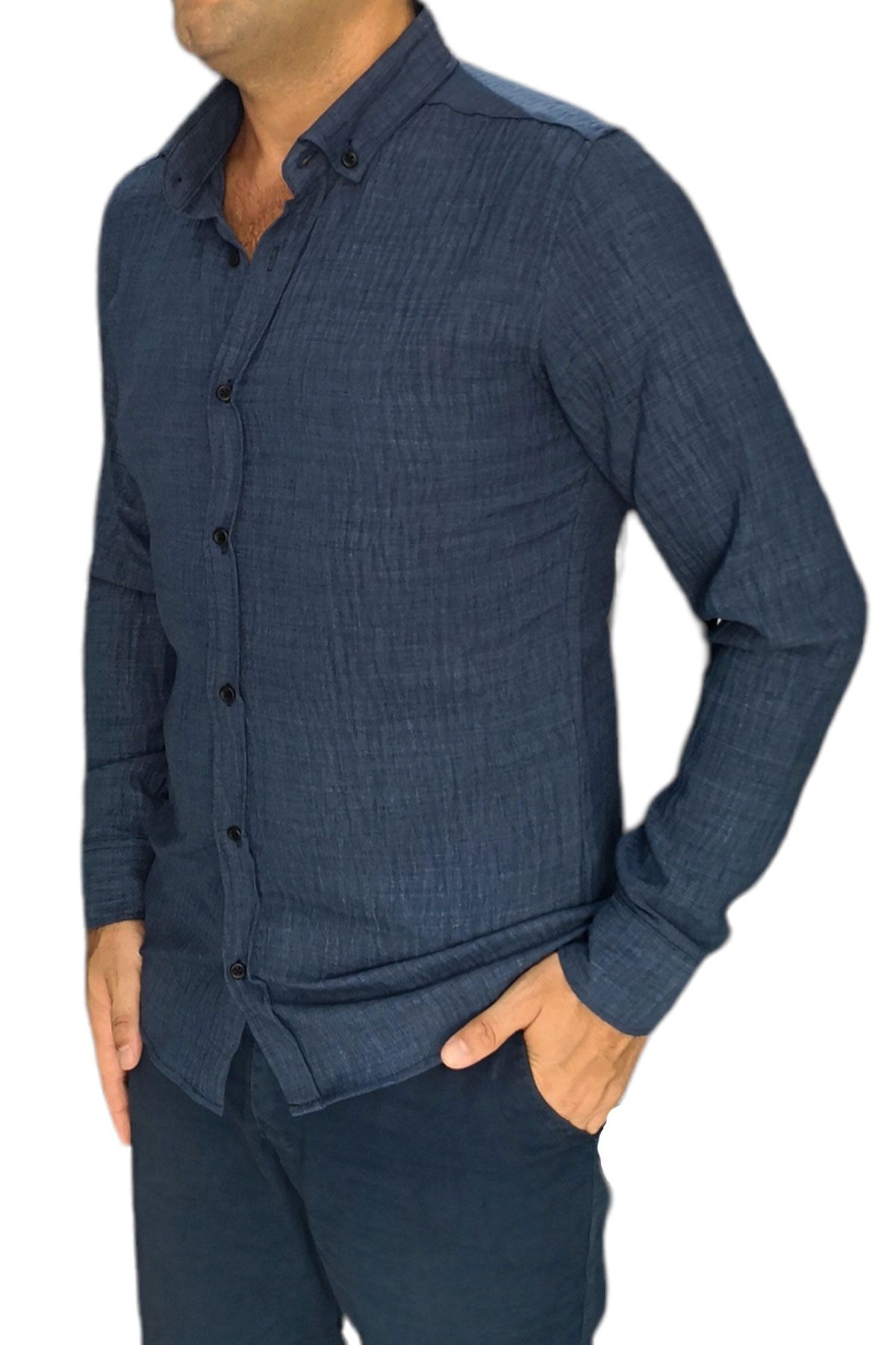 BayAygün 3046 Polyester Keten Dar Kesim Gömlek _Lacivert resmi
