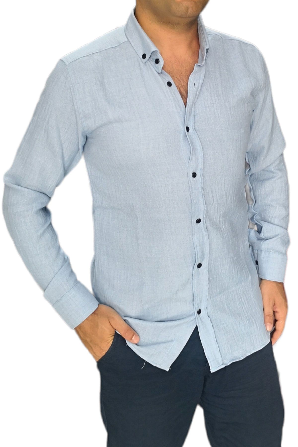 BayAygün 3046 Polyester Keten Dar Kesim Gömlek _Mavi resmi