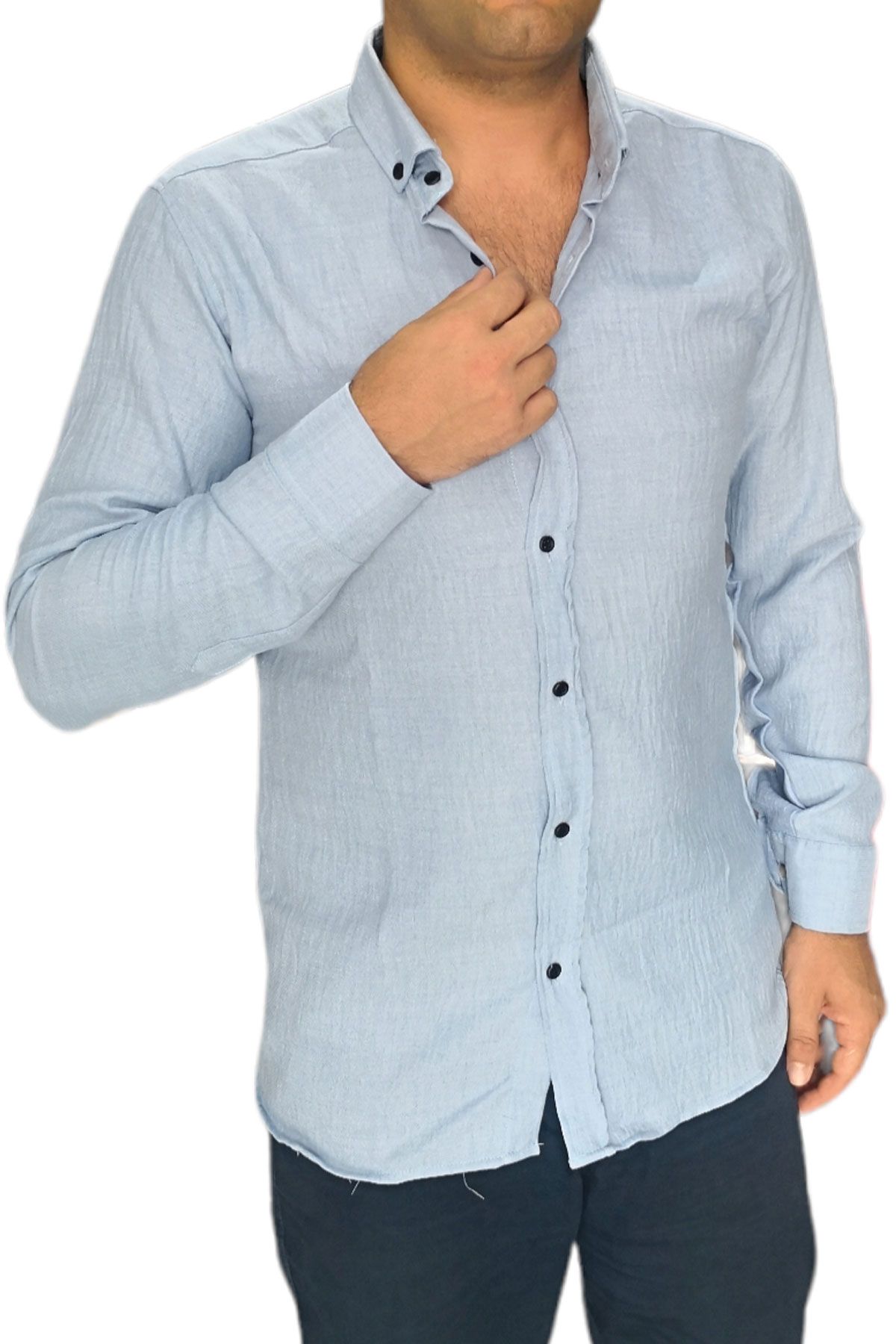 BayAygün 3046 Polyester Keten Dar Kesim Gömlek _Mavi resmi