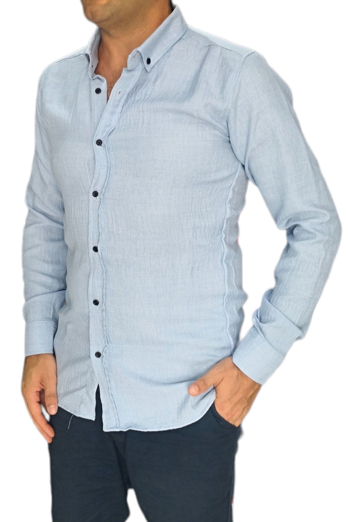 BayAygün 3046 Polyester Keten Dar Kesim Gömlek _Mavi resmi