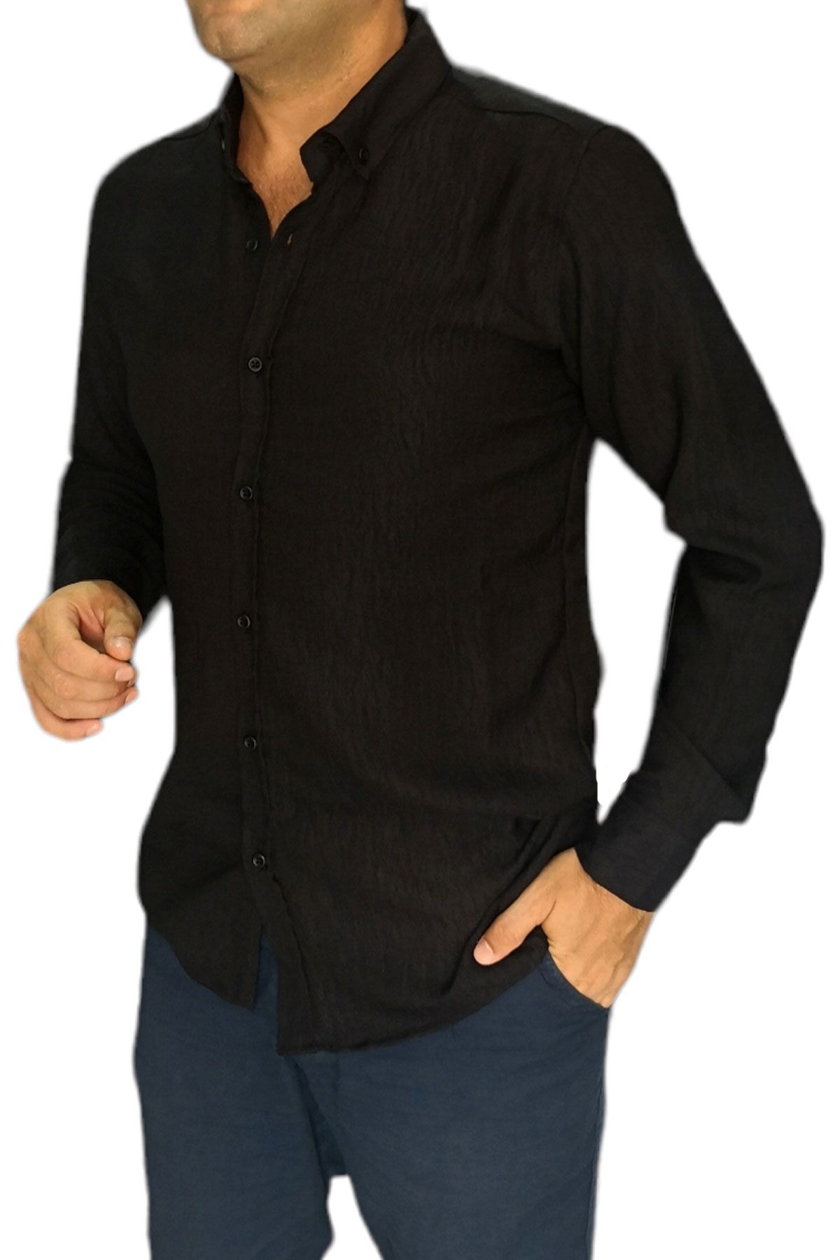 BayAygün 3046 Polyester Keten Dar Kesim Gömlek _Siyah resmi