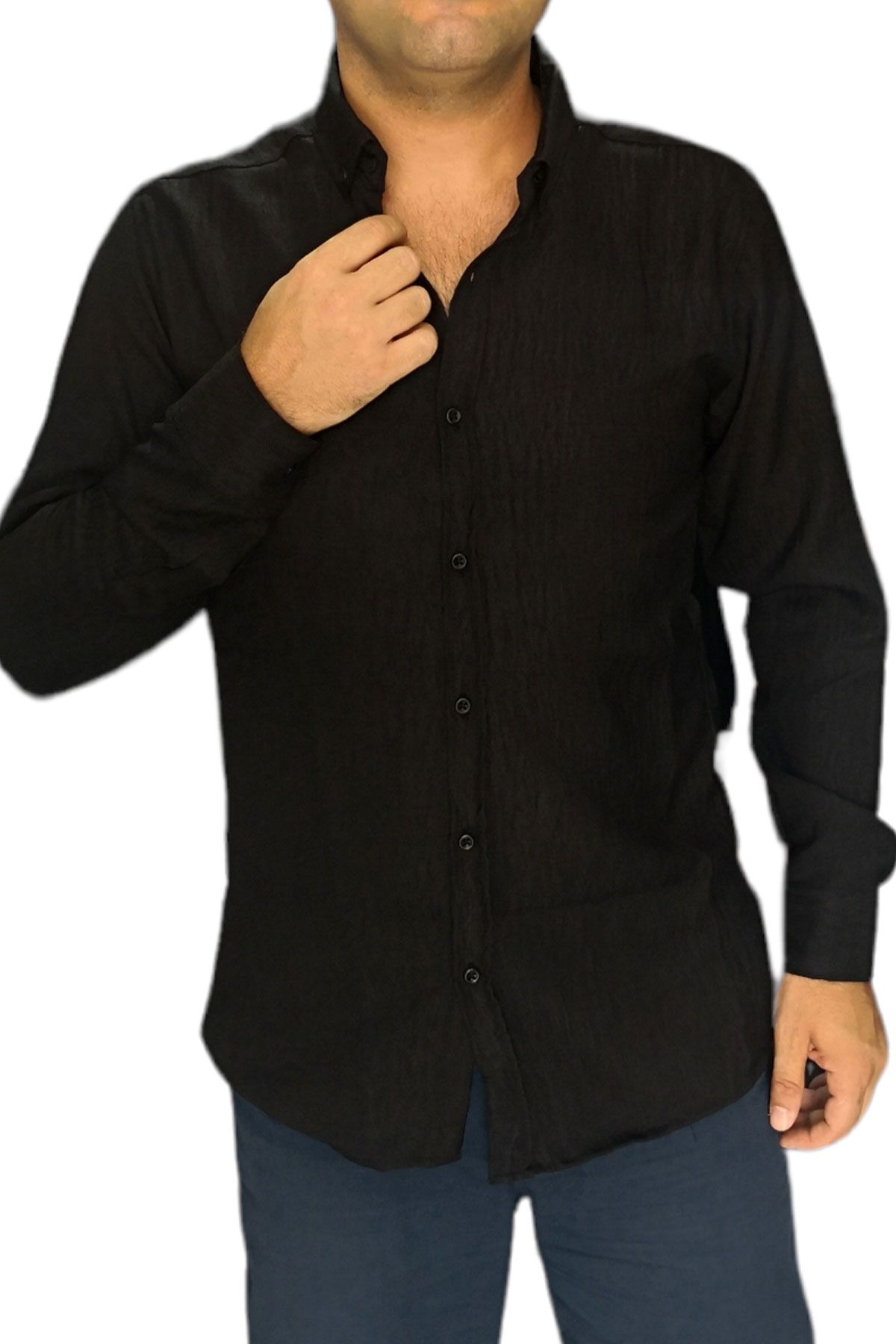 BayAygün 3046 Polyester Keten Dar Kesim Gömlek _Siyah resmi