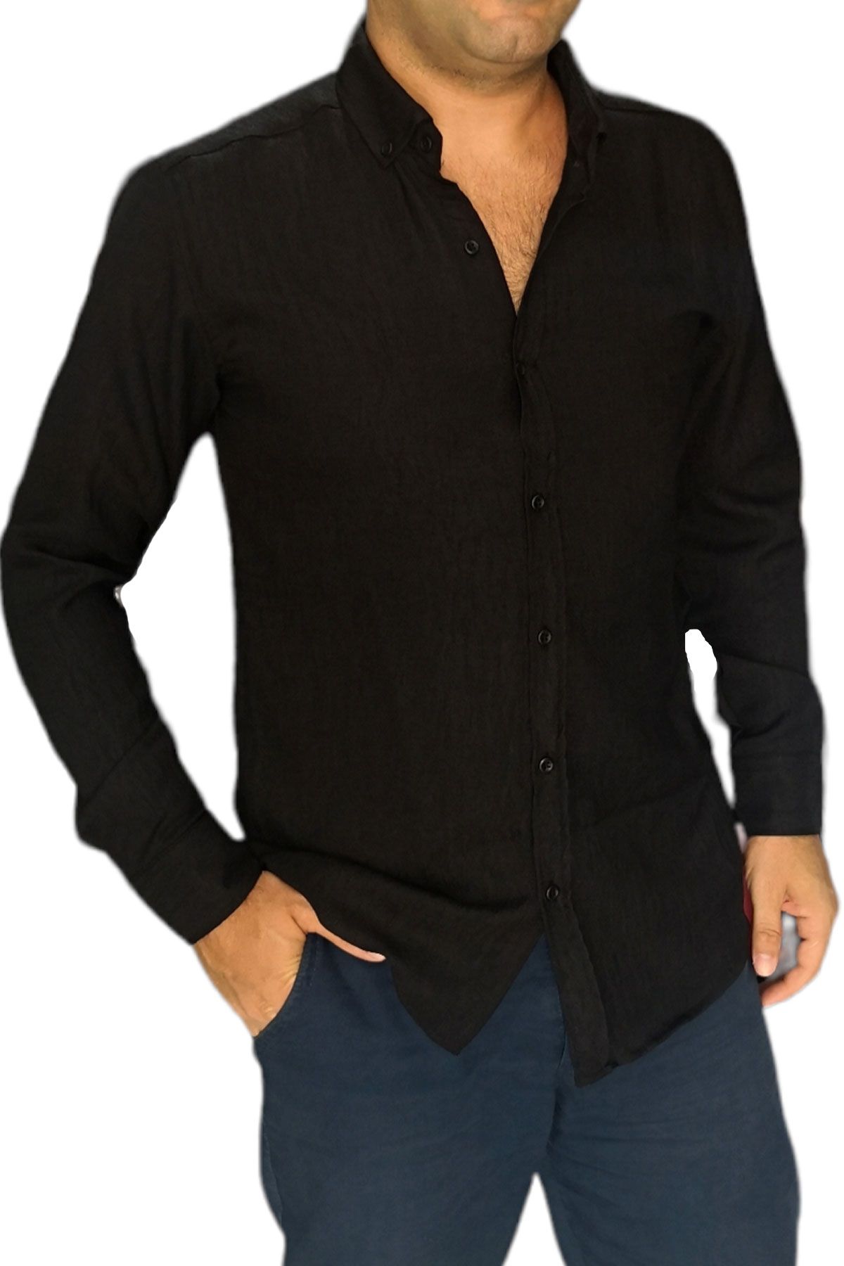 BayAygün 3046 Polyester Keten Dar Kesim Gömlek _Siyah resmi