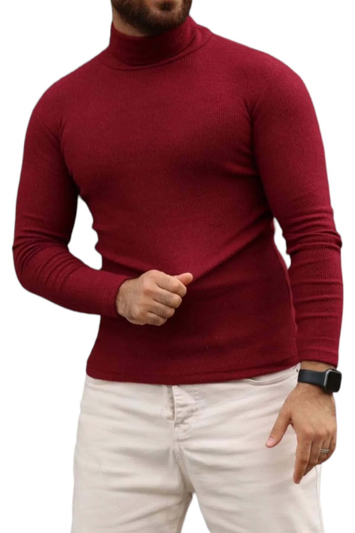 BayAygun 0207 Balıkcı Yaka Fitilli Kazak_Bordo resmi