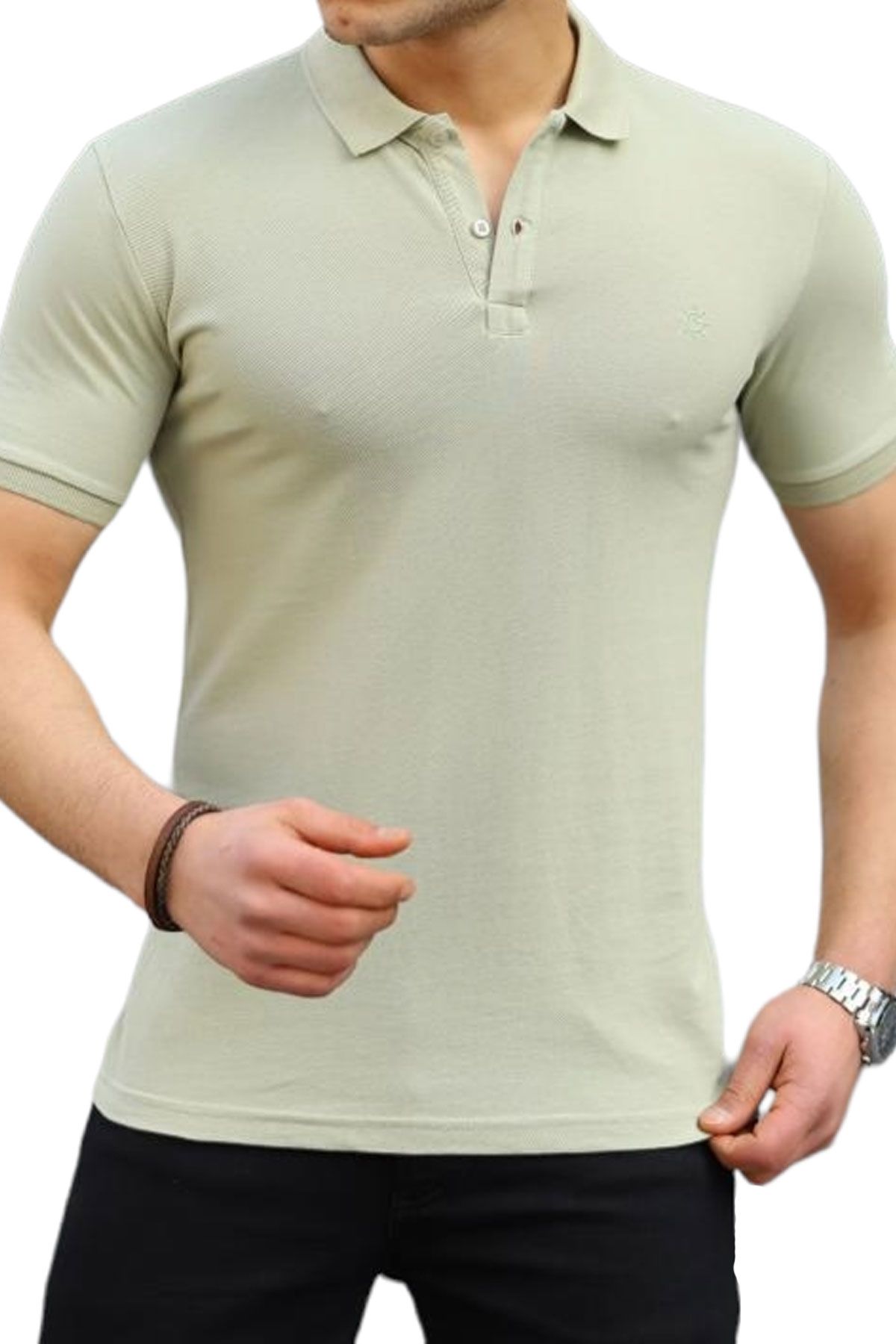 BayAygun 9800 Dar Kesim Duz Polo Yaka Tshırt_Açık Yeşil resmi