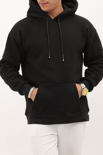 BayAygun 4199 Kapüşonlu Şardonlu Sade Sweatshırt_Siyah resmi