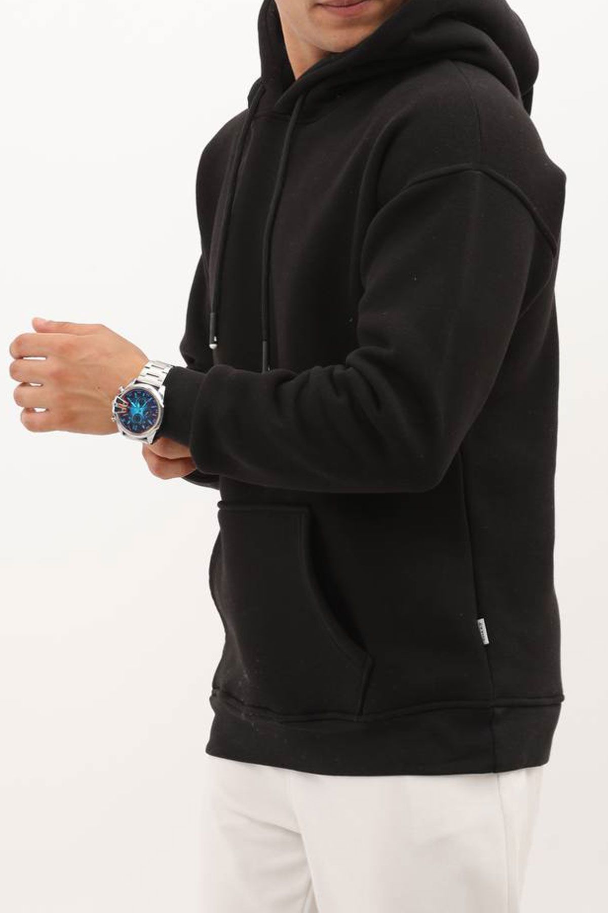 BayAygun 4199 Kapüşonlu Şardonlu Sade Sweatshırt_Siyah resmi