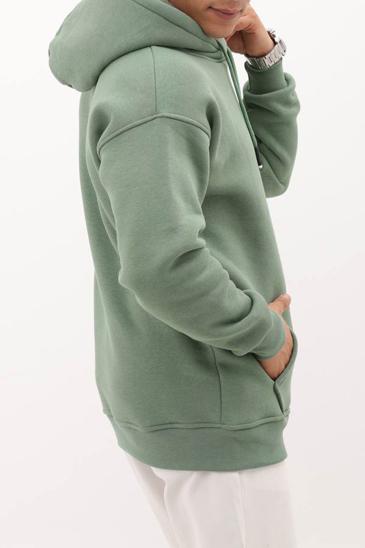 BayAygun 4199 Kapüşonlu Şardonlu Sade Sweatshırt_Yeşil resmi