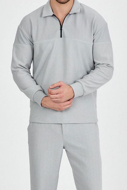 BayAygun 4130 Yakalı Fermuarlı Parcalı Örme Sweatshırt_Gri resmi