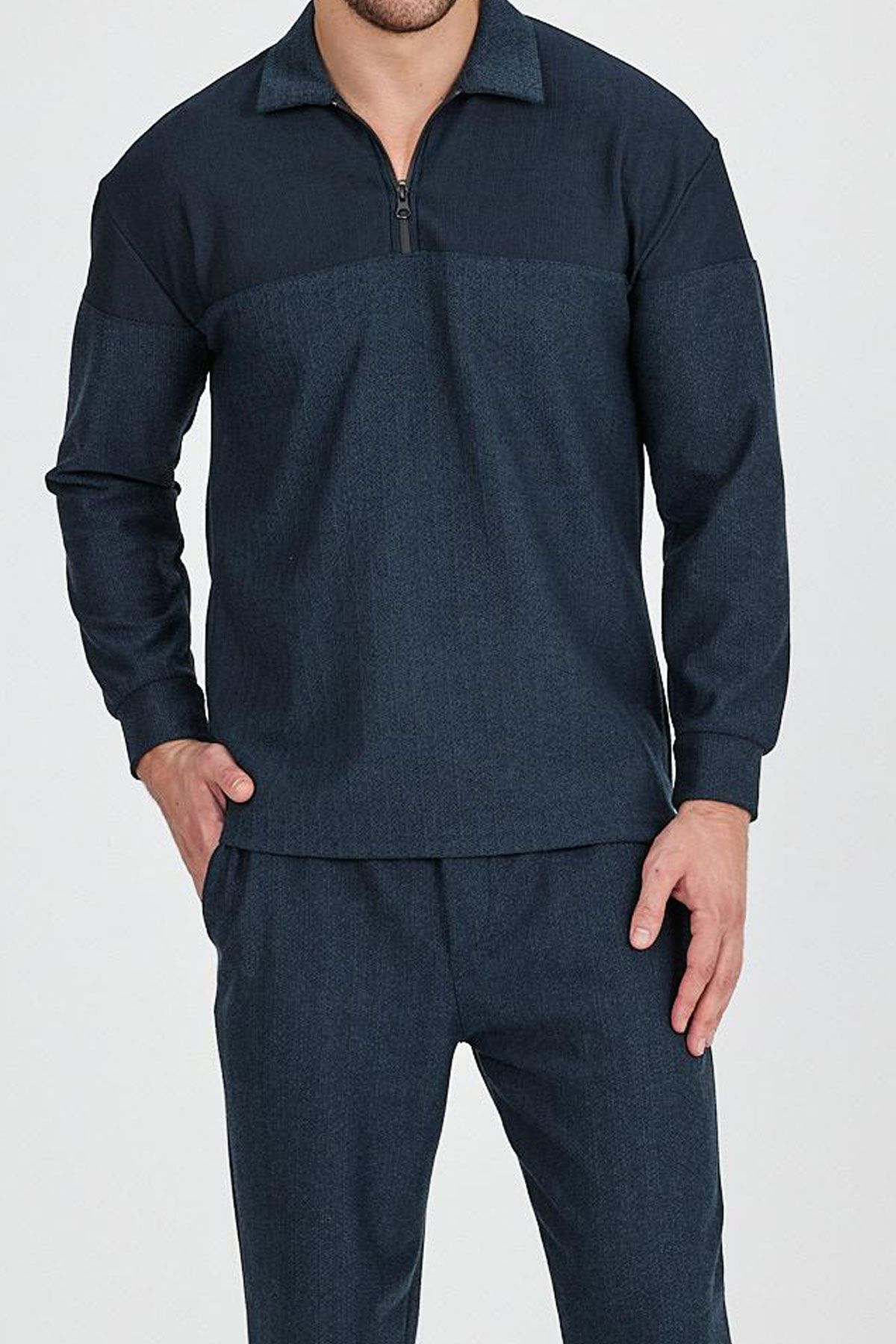 BayAygun 4130 Yakalı Fermuarlı Parcalı Örme Sweatshırt_Koyu Mint resmi