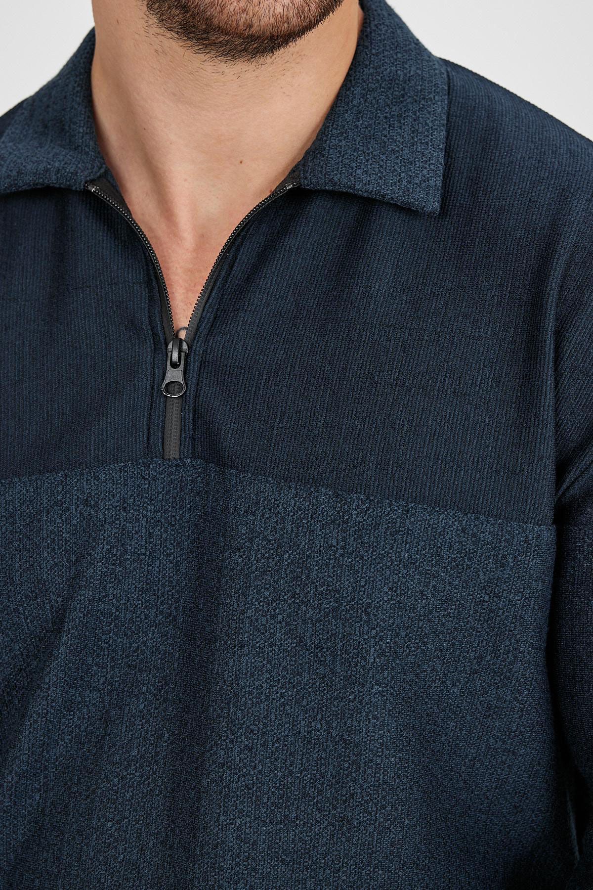 BayAygun 4130 Yakalı Fermuarlı Parcalı Örme Sweatshırt_Koyu Mint resmi