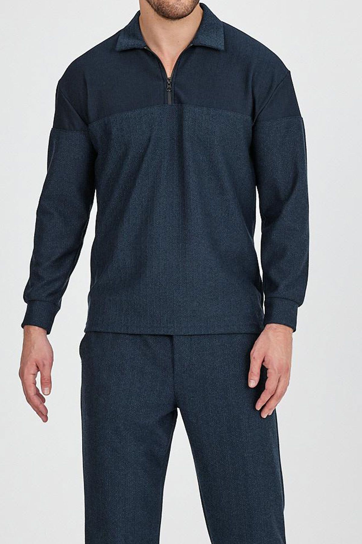 BayAygun 4130 Yakalı Fermuarlı Parcalı Örme Sweatshırt_Koyu Mint resmi