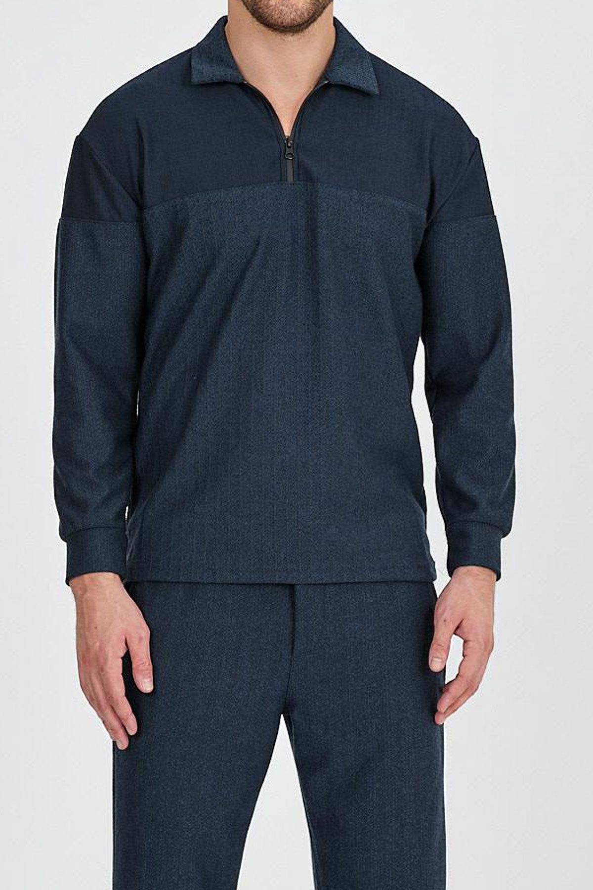 BayAygun 4130 Yakalı Fermuarlı Parcalı Örme Sweatshırt_Koyu Mint resmi