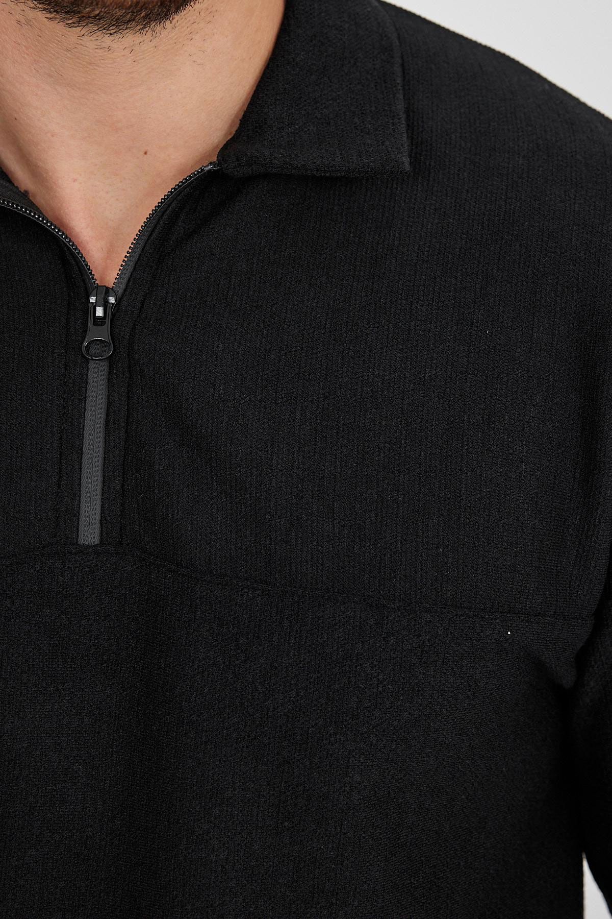 BayAygun 4130 Yakalı Fermuarlı Parcalı Örme Sweatshırt_Siyah resmi