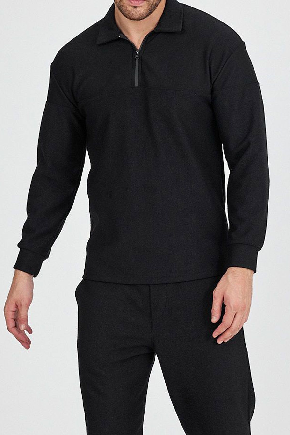 BayAygun 4130 Yakalı Fermuarlı Parcalı Örme Sweatshırt_Siyah resmi