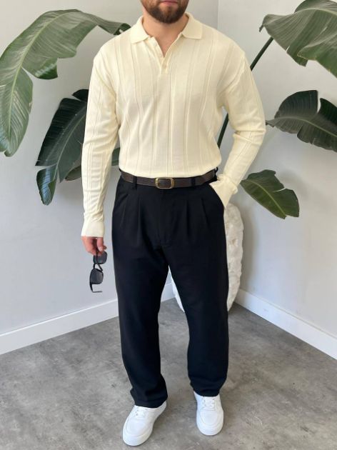 BayAygun 6560 Fitilli Düğmeli Yaka Kazak_Bej resmi