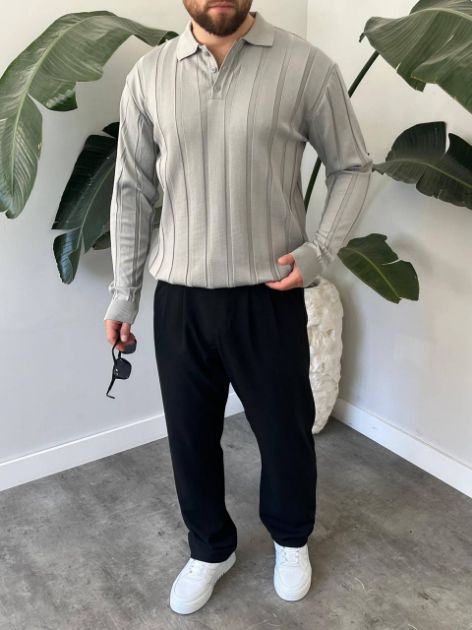 BayAygun 6560 Fitilli Düğmeli Yaka Kazak_Gri resmi