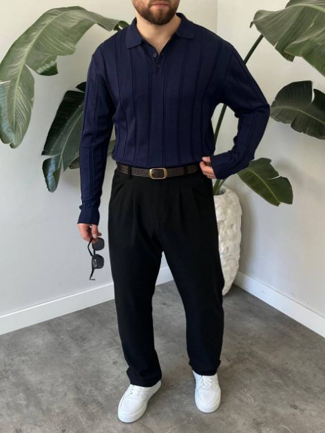 BayAygun 6560 Fitilli Düğmeli Yaka Kazak_Lacivert resmi