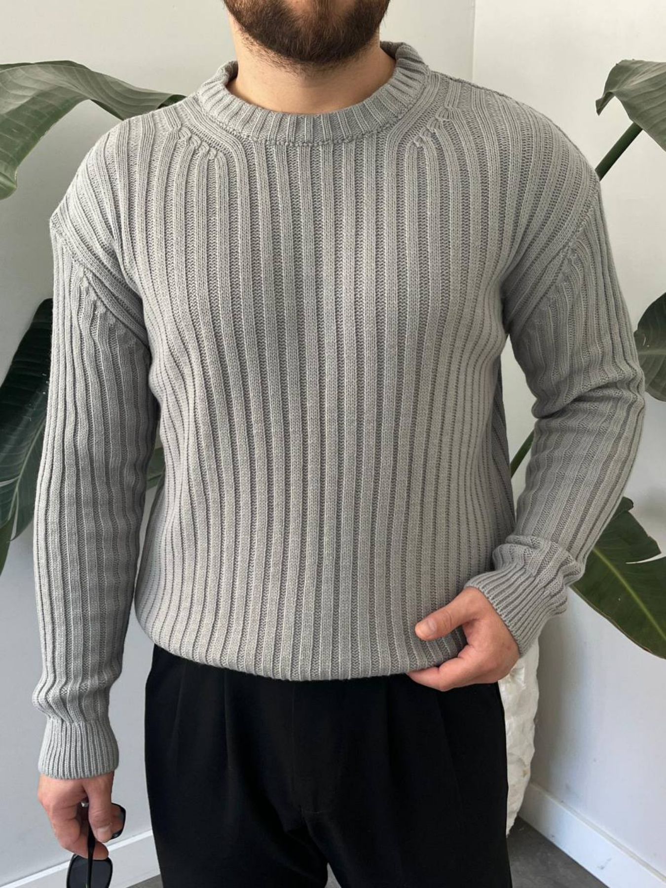 BayAygun 5102 Oversize Bisiklet Yaka Triko Kazak Kazak_Gri resmi