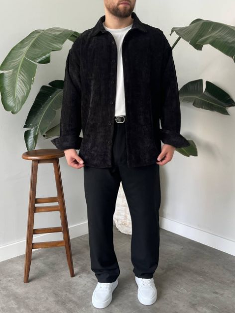 BayAygün 5103 Oversize Kadife Gomlek _Siyah resmi