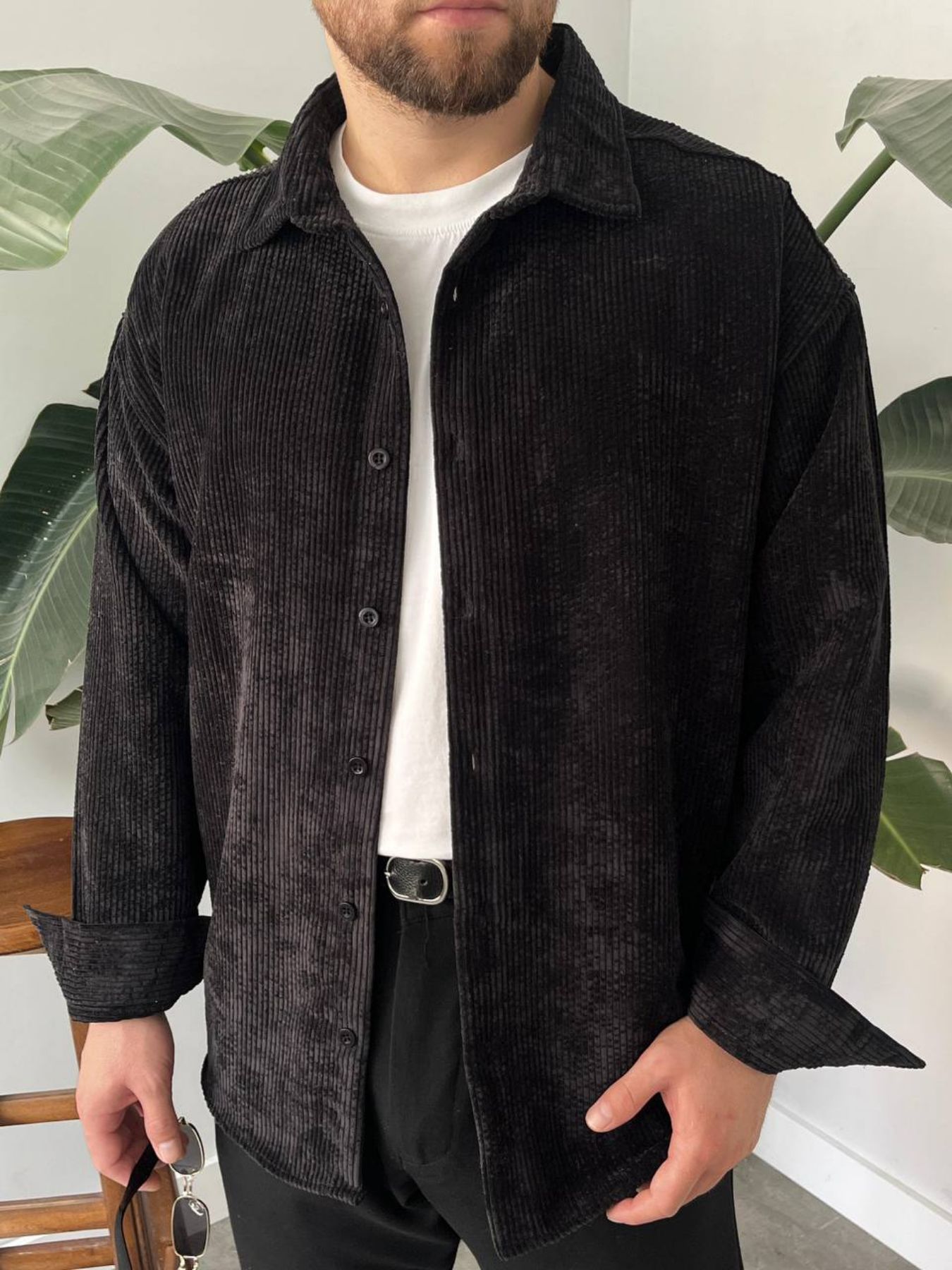 BayAygün 5103 Oversize Kadife Gomlek _Siyah resmi