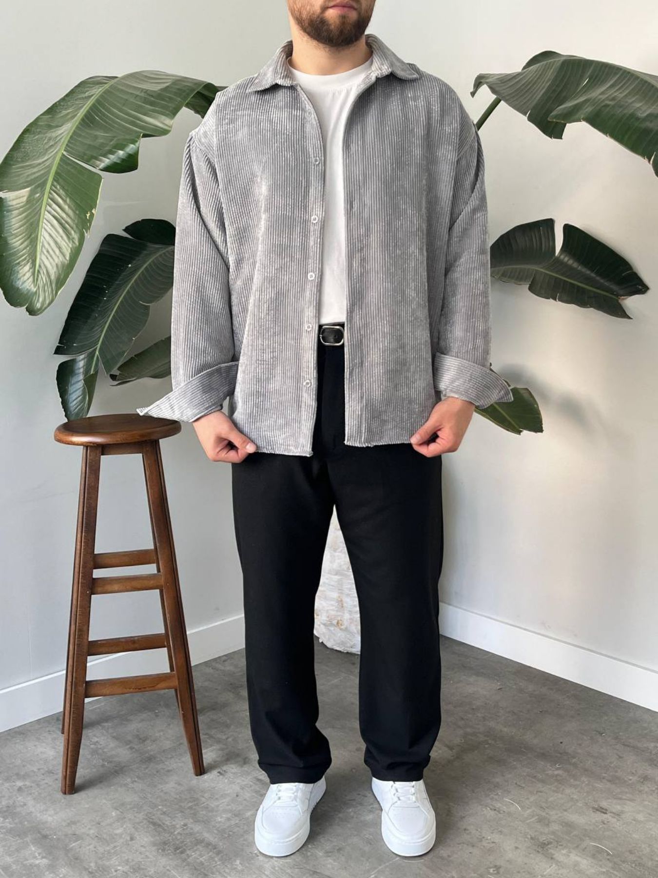 BayAygün 5103 Oversize Kadife Gomlek _Gri resmi