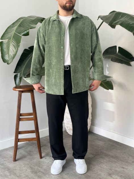 BayAygün 5103 Oversize Kadife Gomlek _Yeşil resmi