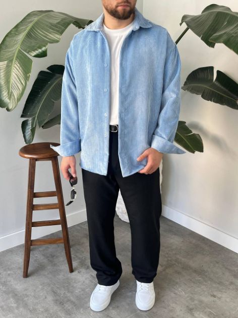 BayAygün 5103 Oversize Kadife Gomlek _Mavi resmi