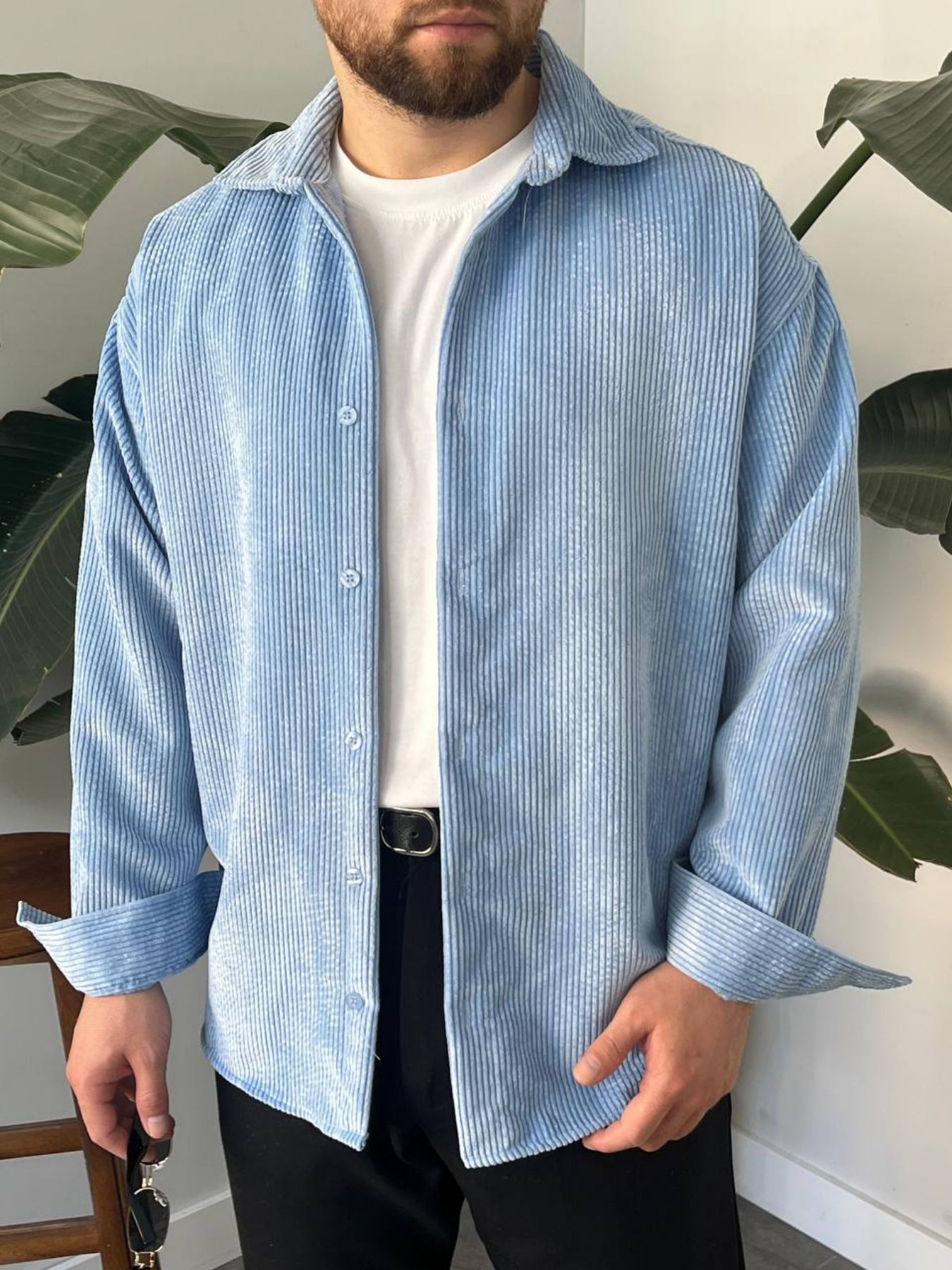 BayAygün 5103 Oversize Kadife Gomlek _Mavi resmi