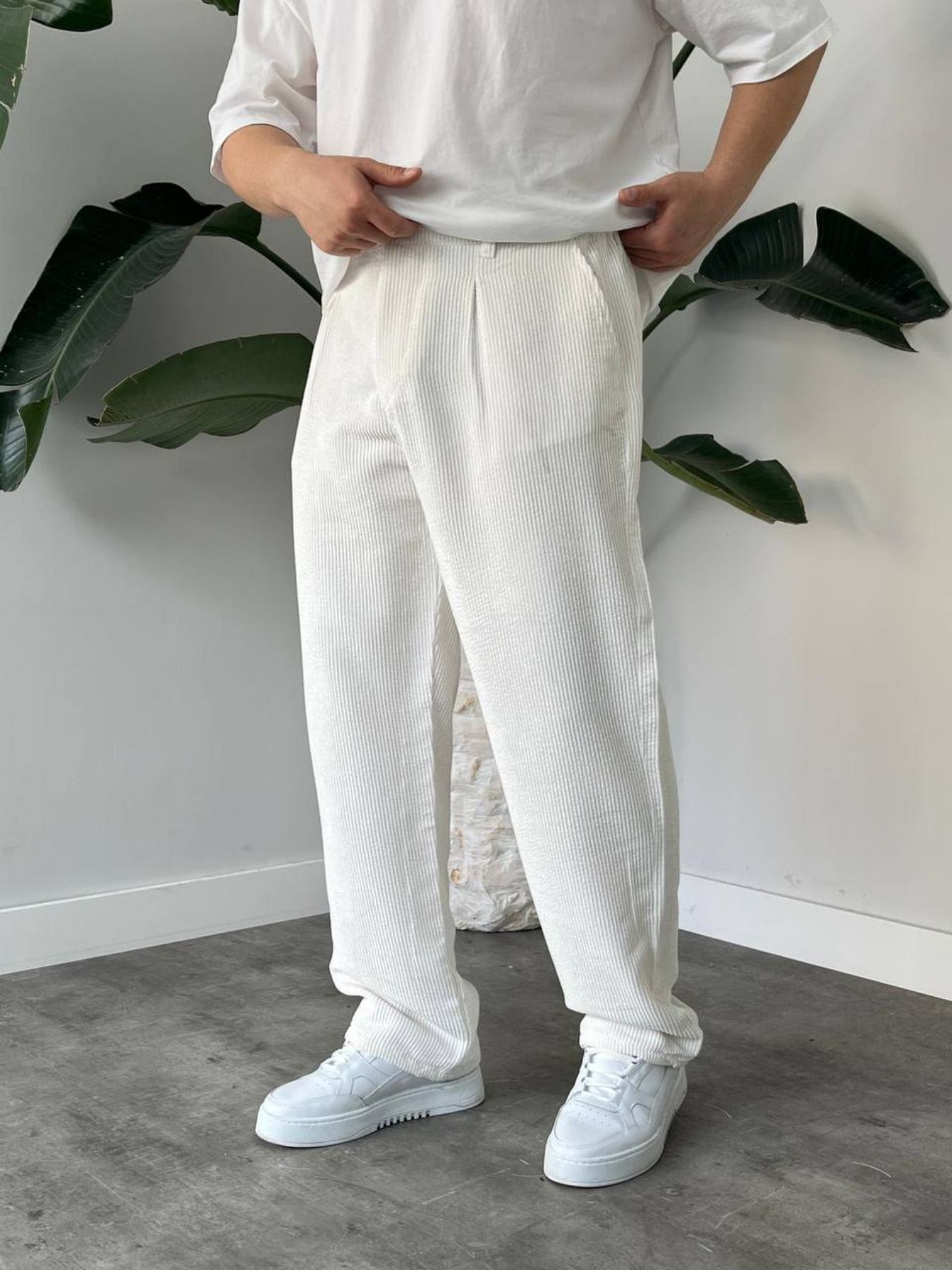 BayAygun 5113 Baggy Fitilli Kadife Pantolon_Beyaz resmi