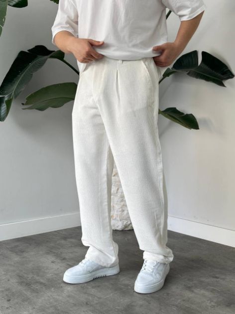 BayAygun 5113 Baggy Fitilli Kadife Pantolon_Beyaz resmi