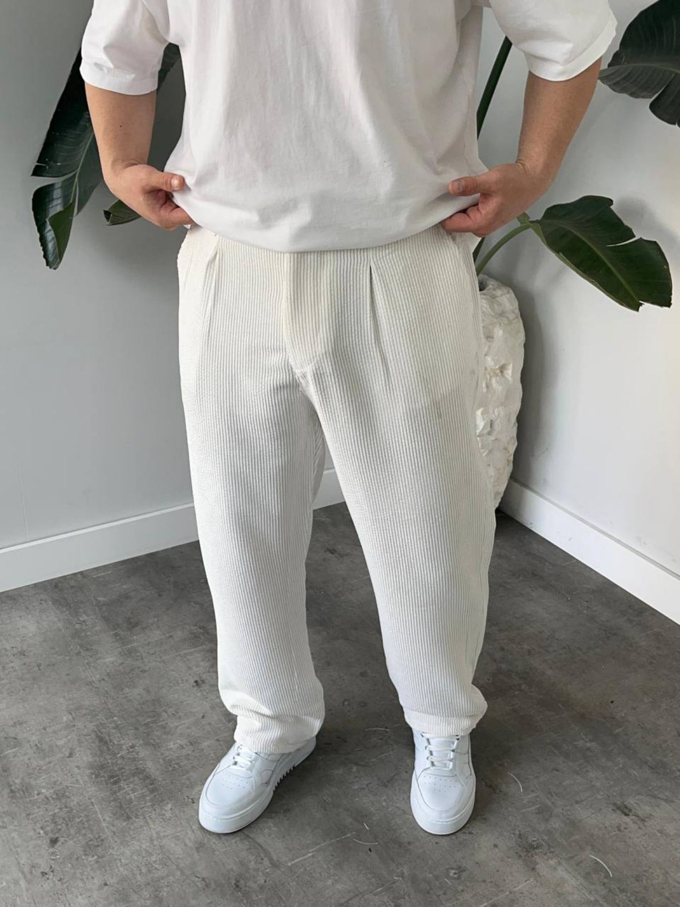 BayAygun 5113 Baggy Fitilli Kadife Pantolon_Beyaz resmi