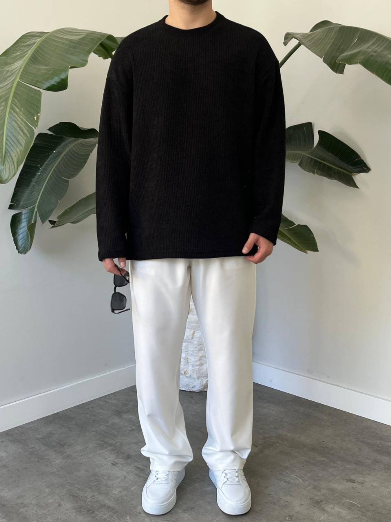 BayAygun 5114 Oversize Bisiklet Yaka Şonil Triko Kazak_Siyah resmi