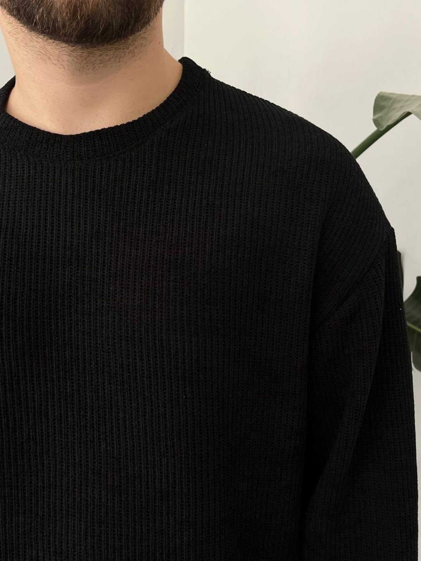 BayAygun 5114 Oversize Bisiklet Yaka Şonil Triko Kazak_Siyah resmi