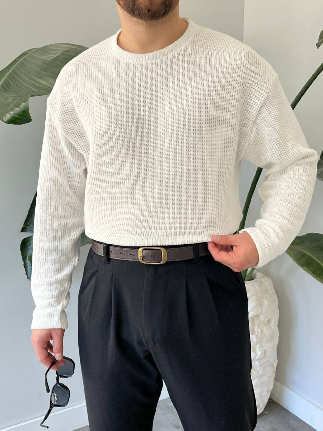 BayAygun 5114 Oversize Bisiklet Yaka Şonil Triko Kazak_Beyaz resmi