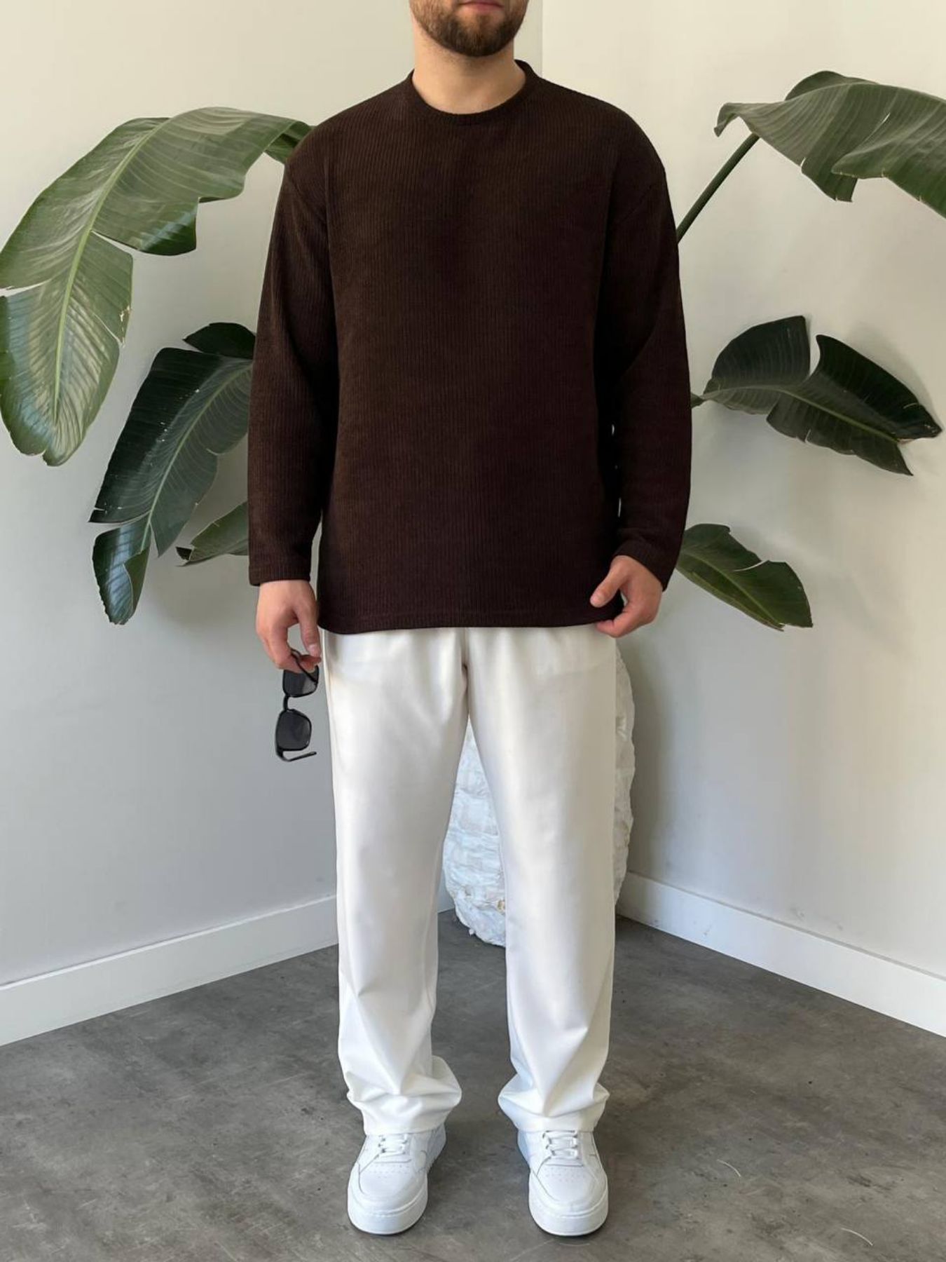 BayAygun 5114 Oversize Bisiklet Yaka Şonil Triko Kazak_Kahve resmi